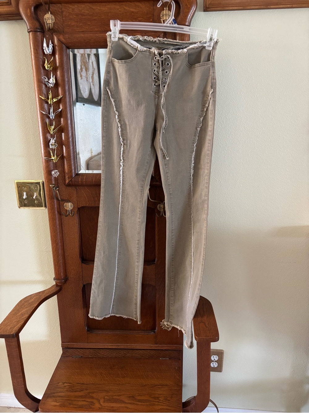 Baby Phat Taupe Lace-Up Flare Pants with Raw Edges